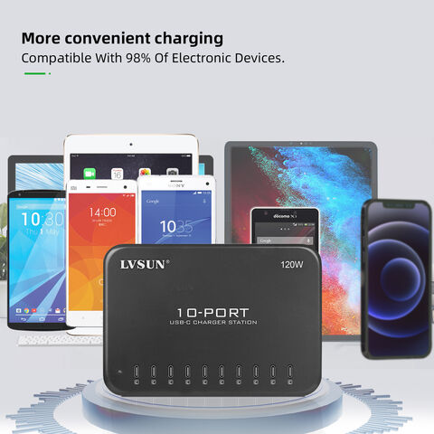 Station de charge USB-C 10 ports 120W de la marque LVSUN, idéale pour téléphones portables, tablettes, etc.