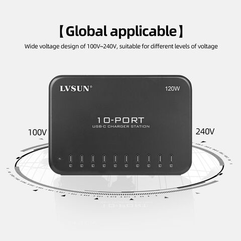 Station de charge USB-C 10 ports 120W de la marque LVSUN, idéale pour téléphones portables, tablettes, etc.