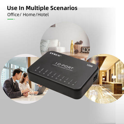 Station de charge USB-C 10 ports 120W de la marque LVSUN, idéale pour téléphones portables, tablettes, etc.
