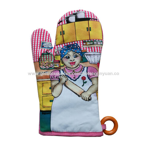 Guantes de cocina estampados baratos de poliéster reciclado y algodón mixto, resistentes al calor, para uso diario con relleno