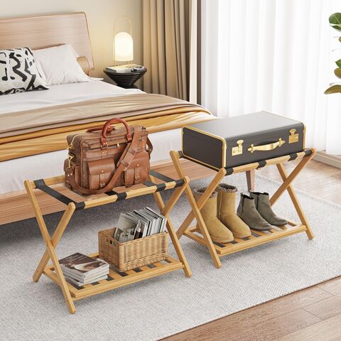 Suporte de bagagem dobrável de madeira personalizável para quarto de hotel, porta-bagagens dobrável para quarto, porta-bagagens de bambu.
