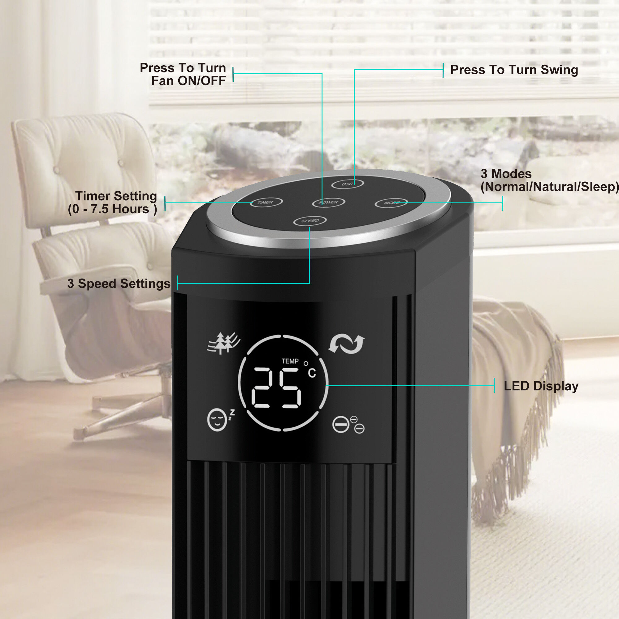 Tower Fan Features 80 Degree Oscillating Floor Standing Remote Control Digital Ionizer Air ...