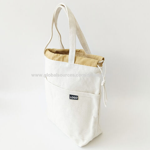 Tas Belanja Kanvas Katun Kustom dengan Dasar Lebar, Saku Dalam, Penutup Tali. Langsung dari Pabrik.