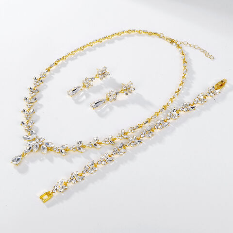 SISSLIA Rhinestone Leaf Plant Stud Earrings And Necklace Set For Bride Bridesmaid Wedding