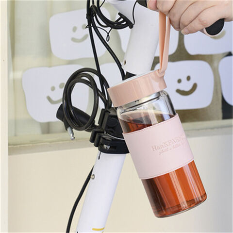 Gelas kaca transparan custom untuk susu atau jus dengan tali pengangkat dan lengan kulit - Botol air minum tumbler