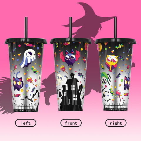 Copo de palha de plástico de verão com mudança de cor de castelo de Halloween criativo personalizado de 24 onças, copo de mudança de cor em caixa de cor