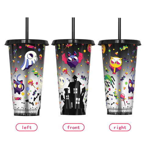 Copo de palha de plástico de verão com mudança de cor de castelo de Halloween criativo personalizado de 24 onças, copo de mudança de cor em caixa de cor
