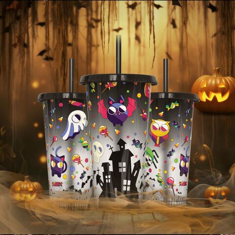 Copo de palha de plástico de verão com mudança de cor de castelo de Halloween criativo personalizado de 24 onças, copo de mudança de cor em caixa de cor