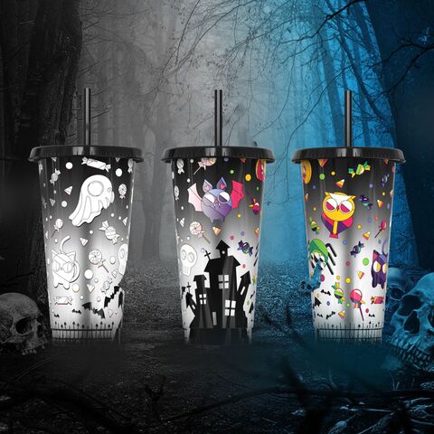 Copo de palha de plástico de verão com mudança de cor de castelo de Halloween criativo personalizado de 24 onças, copo de mudança de cor em caixa de cor