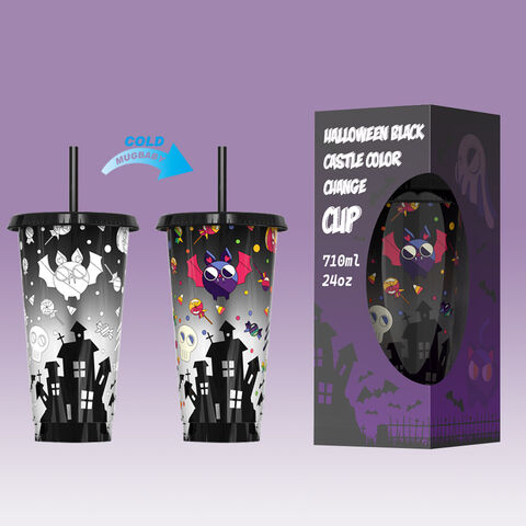 Copo de palha de plástico de verão com mudança de cor de castelo de Halloween criativo personalizado de 24 onças, copo de mudança de cor em caixa de cor