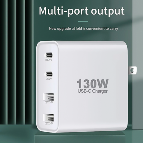 Chargeur GaN 130W de haute qualité, USB-C, 2C2A Chargeurs GaN pour ordinateur portable et smartphone
