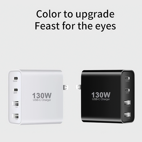 Chargeur GaN 130W de haute qualité, USB-C, 2C2A Chargeurs GaN pour ordinateur portable et smartphone