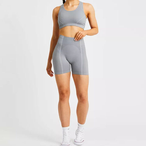 Leggings cortos de yoga de cintura alta con detalles de canalé a la moda, ropa de gimnasio, pantalones cortos deportivos sin costuras personalizados para mujer