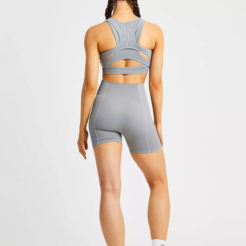 Leggings cortos de yoga de cintura alta con detalles de canalé a la moda, ropa de gimnasio, pantalones cortos deportivos sin costuras personalizados para mujer