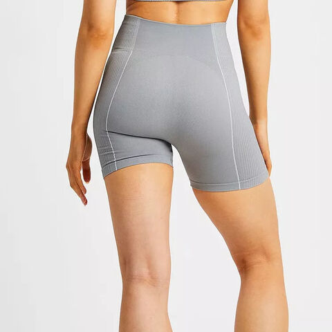 Leggings cortos de yoga de cintura alta con detalles de canalé a la moda, ropa de gimnasio, pantalones cortos deportivos sin costuras personalizados para mujer