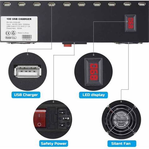 Estación de Carga USB de 800W y 100 Puertos, Cargador de Pared Rápido para Smartphones - Base de Carga USB Múltiple
