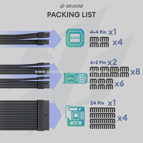 Okinos, 16AWG PSU Cables, 1x24Pin ATX / 1x8Pin(4 4) EPS / 2x8Pin(6 2) PCIE PSU Kit de cables de extensión, 30cm con peines, negro
