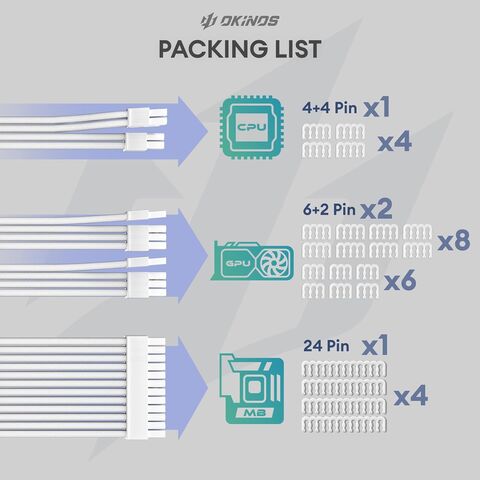 Okinos, 16AWG PSU Cables, 1x24Pin ATX / 1x8Pin(4 4) EPS / 2x8Pin(6 2) PCIE PSU Kit de cables de extensión, 30cm con peines, blanco