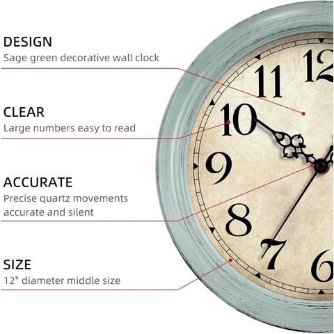Reloj de pared de 30 cm, funciona con pilas, reloj de cocina color verde azulado, silencioso, sin tictac, reloj decorativo vintage aguamarina para sala de estar