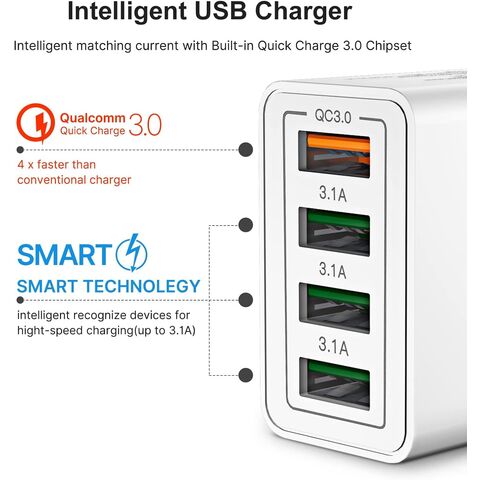 شاحن حائط USB، محول طاقة سريع الشحن متعدد المنافذ 40 واط
