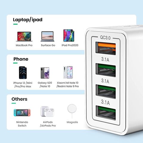 شاحن حائط USB، محول طاقة سريع الشحن متعدد المنافذ 40 واط