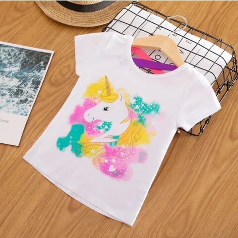 Camiseta Unissex de Unicórnio para Crianças, Mangas Curtas, Camisetas Brancas, Roupas de Algodão para Meninas de 3 a 8 anos - Camisetas infantis por atacado