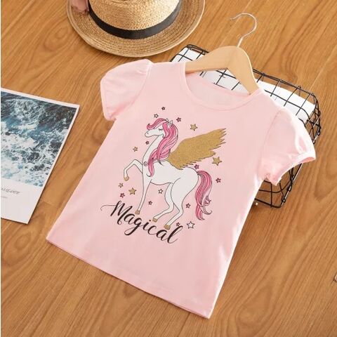 Camiseta Unissex de Unicórnio para Crianças, Mangas Curtas, Camisetas Brancas, Roupas de Algodão para Meninas de 3 a 8 anos - Camisetas infantis por atacado