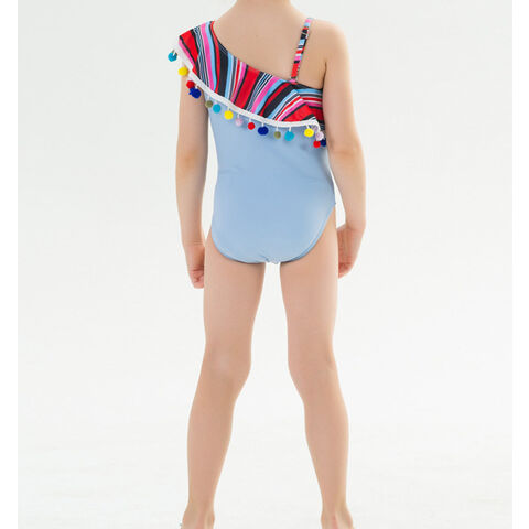 Maillot de Bain Bikini pour Enfants avec Volants et Épaules Dénudées, Effet Froncé et Pompons Colorés - Vêtements de Plage pour Enfants