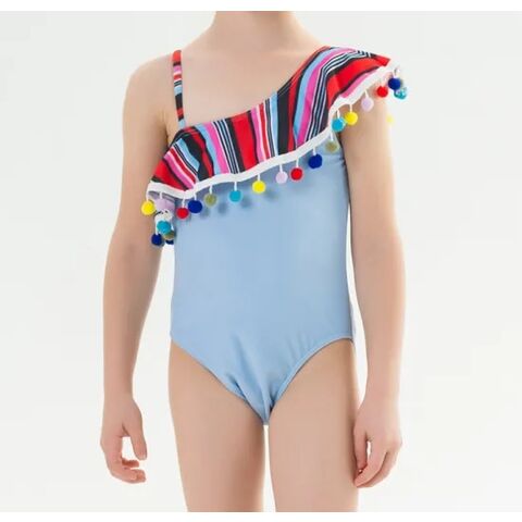 Maillot de Bain Bikini pour Enfants avec Volants et Épaules Dénudées, Effet Froncé et Pompons Colorés - Vêtements de Plage pour Enfants