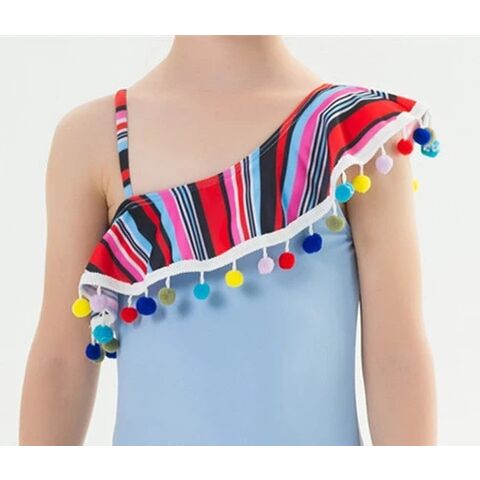 Maillot de Bain Bikini pour Enfants avec Volants et Épaules Dénudées, Effet Froncé et Pompons Colorés - Vêtements de Plage pour Enfants