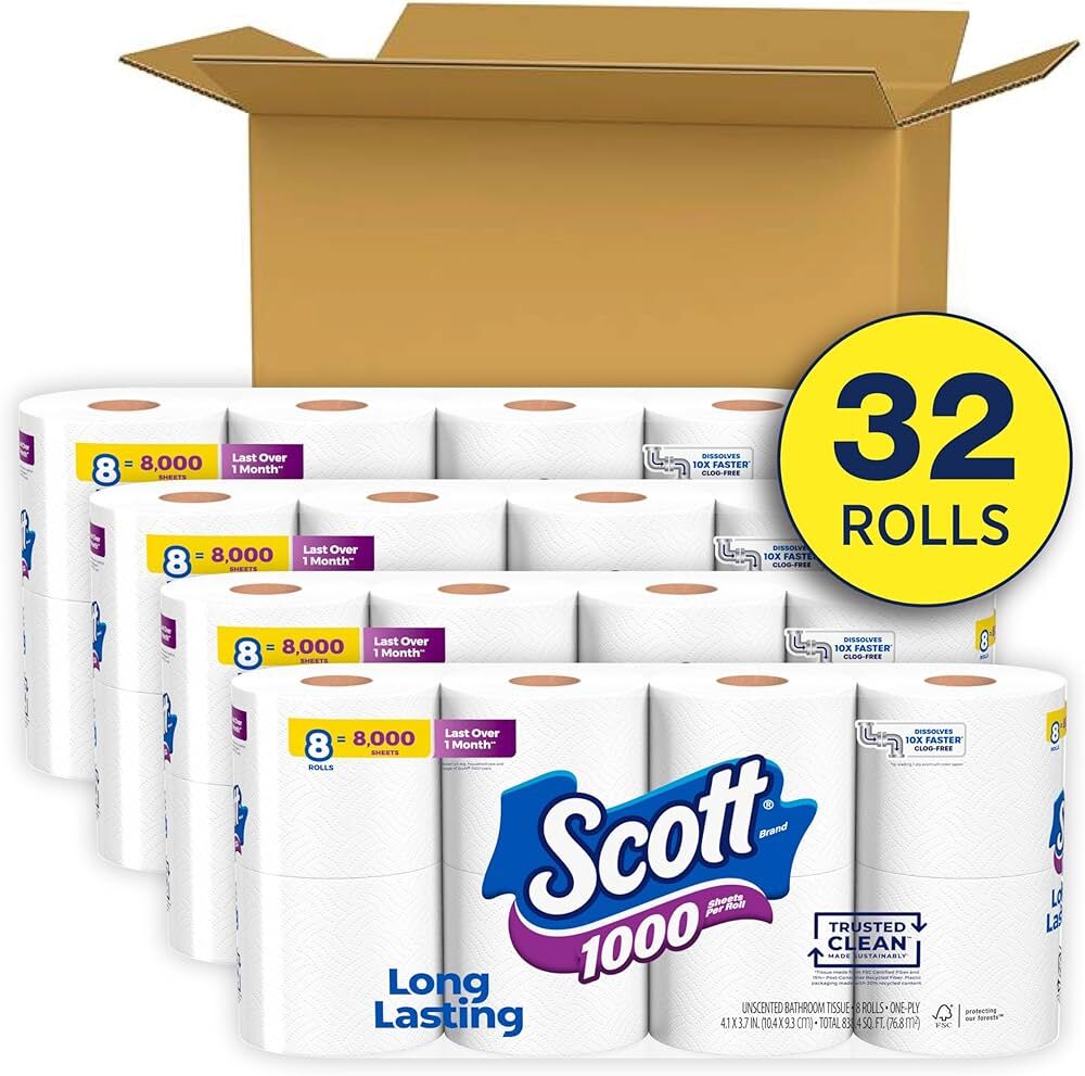 Scott 1000 Trusted Clean Toilet Paper, 32 Rolls, Septic-safe, 1-ply ...