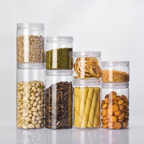 Venta al por mayor de botellas de plástico PET transparentes, reciclables, de calidad alimentaria, con tapas a prueba de fugas para frutos secos, cereales, galletas y snacks