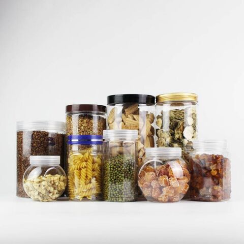 Venta al por mayor de botellas de plástico PET transparentes, reciclables, de calidad alimentaria, con tapas a prueba de fugas para frutos secos, cereales, galletas y snacks