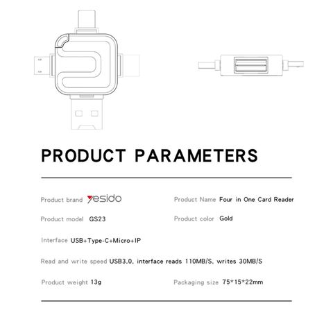 Lecteur de Carte Mémoire 4 en 1 Yesido USB 3.0 Haute Vitesse Mini Design pour Transfert de Données