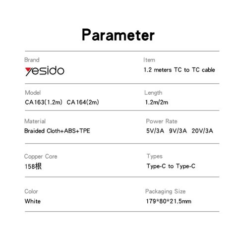 Cable de Datos Yesido de Tipo C a Tipo C, 1.2 Metros, 60W, Carga Rápida, Diseño Trenzado en Tela para IP