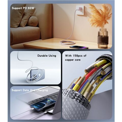 Cable de Datos Yesido de Tipo C a Tipo C, 1.2 Metros, 60W, Carga Rápida, Diseño Trenzado en Tela para IP