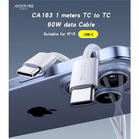 Cable de Datos Yesido de Tipo C a Tipo C, 1.2 Metros, 60W, Carga Rápida, Diseño Trenzado en Tela para IP