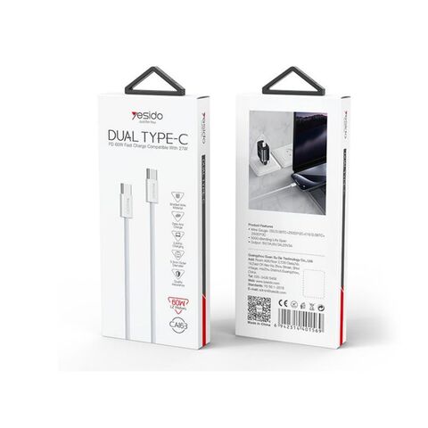 Cable de Datos Yesido de Tipo C a Tipo C, 1.2 Metros, 60W, Carga Rápida, Diseño Trenzado en Tela para IP