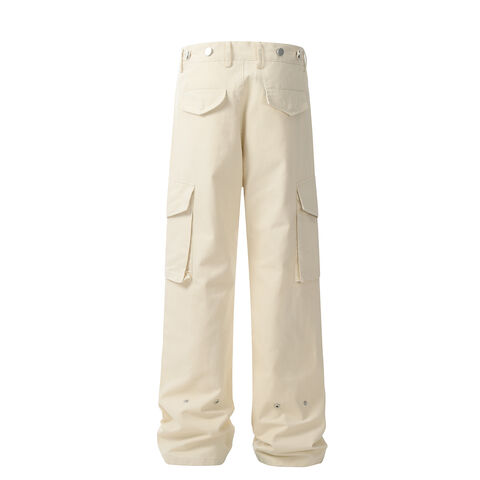 Retro Wide-Leg Latzhose in voller Länge mit mehreren Taschen, lockere trendige Herren- und Damenhose, apricotfarbene Hose