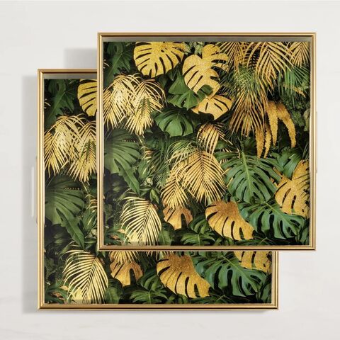 Klassisches und elegantes dekoratives Tablett mit Holzrahmen und UV-Glasdruck-Ölgemälde mit Blumen