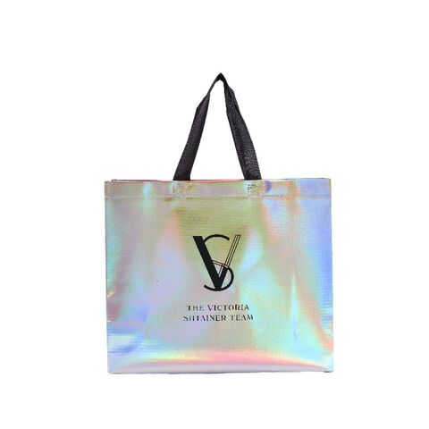 Bolsa de tela no tejida reutilizable con logo personalizado, multicolor, pequeña, para regalos, bolsas brillantes holográficas para obsequios