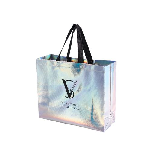 Bolsa de tela no tejida reutilizable con logo personalizado, multicolor, pequeña, para regalos, bolsas brillantes holográficas para obsequios