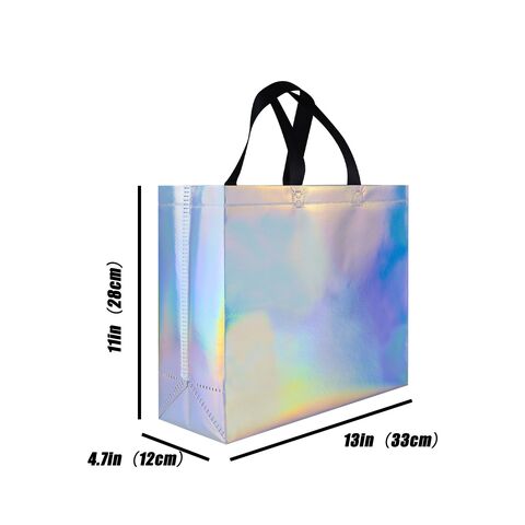 Bolsa de tela no tejida reutilizable con logo personalizado, multicolor, pequeña, para regalos, bolsas brillantes holográficas para obsequios