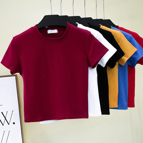 T-shirts de mode pour femmes en gros avec logo personnalisé, T-shirts sexy d'été unis et moulants pour femmes