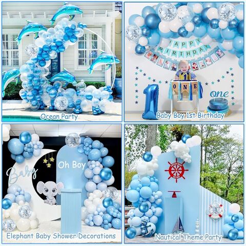 Blauer Ballonbogen Kit, 135 Stück Metallic Blaue Weiße Ballons für Baby Shower Junge Geburtstag Baby Hai Ozean Meer Party Junggesellinnenabschied