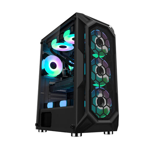Pc gamer caso al por mayor de escritorio personalizado vidrio btx plexiglás con ventilador de escritorio de malla de metal mediados torres