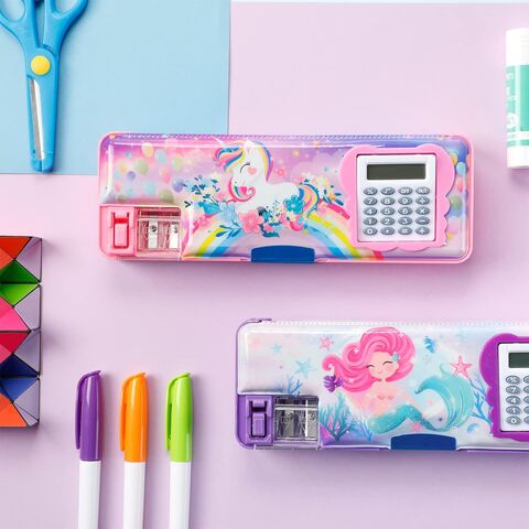 Estojo Multifuncional para Lápis para Meninas Unicórnio, Estojo de Lápis de Sereia de Plástico com Calculadora e Lápis - Caixa de Lápis Escolar por Atacado