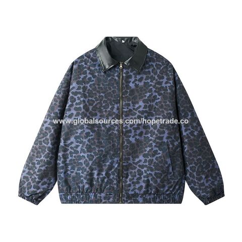 Precio de fábrica al por mayor espalda alta chaquetas casuales los hombres del estampado leopardo diseño la cremallera collar soporte azul desgaste amarillo M-3XL ropa