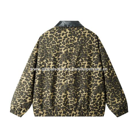 Precio de fábrica al por mayor espalda alta chaquetas casuales los hombres del estampado leopardo diseño la cremallera collar soporte azul desgaste amarillo M-3XL ropa