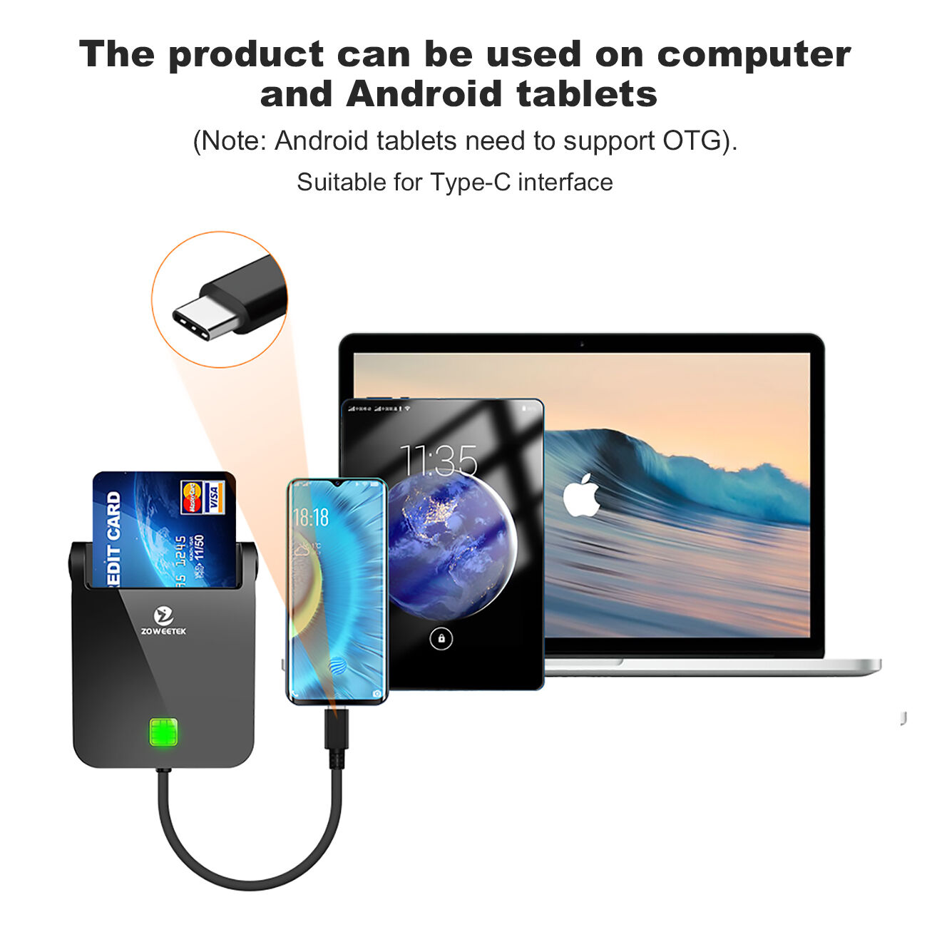 Zoweetek 12026-8 Usb/type-c Smart Chip Card Reader Iso 7816 Emv Reader ...